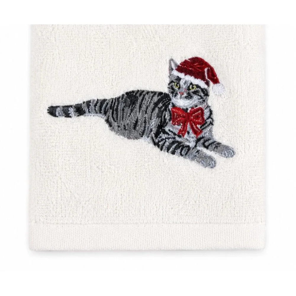 Christmas Hand Towels Set of 2 Gray Striped Tiger Cat Embroidered Cotton 16x26